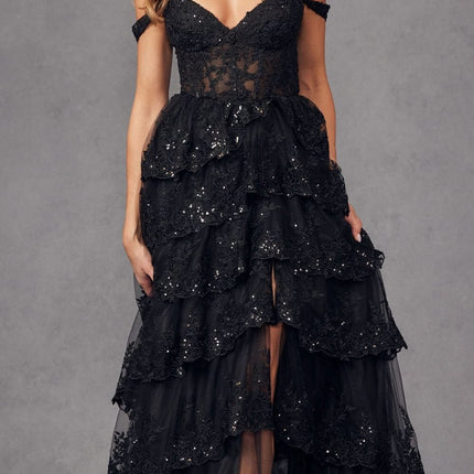 Juliet JT2463A Long Tiered Ruffled Skirt A-Line Boned Bodice Dress