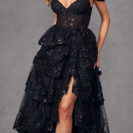 Juliet JT2463A Long Tiered Ruffled Skirt A-Line Boned Bodice Dress