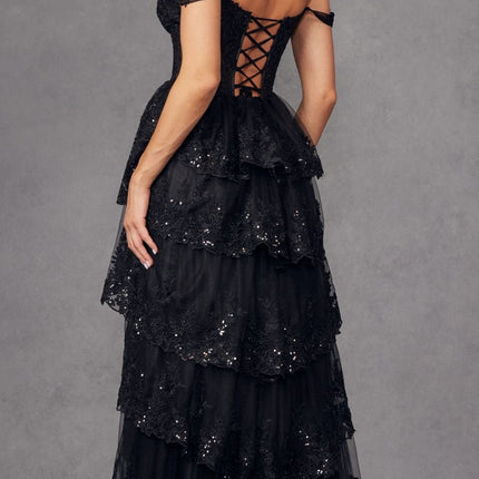 Juliet JT2463A Long Tiered Ruffled Skirt A-Line Boned Bodice Dress