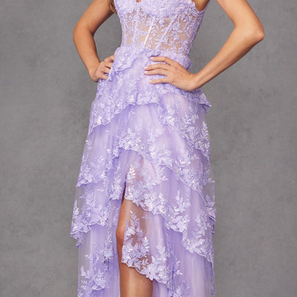 Juliet JT2463A Long Tiered Ruffled Skirt A-Line Boned Bodice Dress