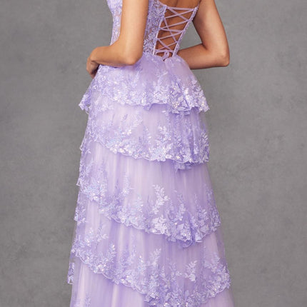 Juliet JT2463A Long Tiered Ruffled Skirt A-Line Boned Bodice Dress