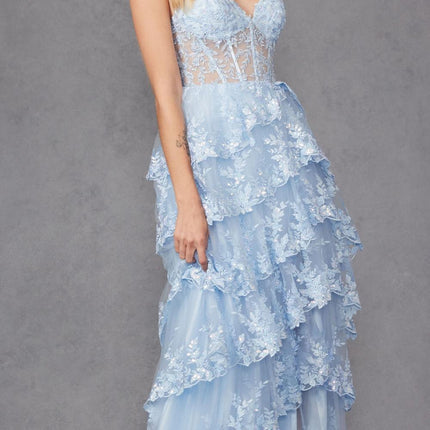 Juliet JT2463A Long Tiered Ruffled Skirt A-Line Boned Bodice Dress