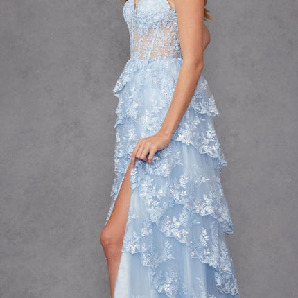 Juliet JT2463A Long Tiered Ruffled Skirt A-Line Boned Bodice Dress