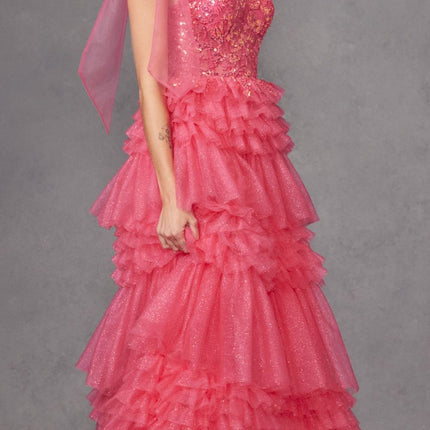 Juliet JT2465A Long Glitter Tulle A-Line Leg Slit Ribbon Bow Strap Gown