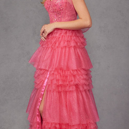 Juliet JT2465A Long Glitter Tulle A-Line Leg Slit Ribbon Bow Strap Gown