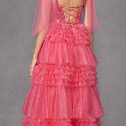 Juliet JT2465A Long Glitter Tulle A-Line Leg Slit Ribbon Bow Strap Gown