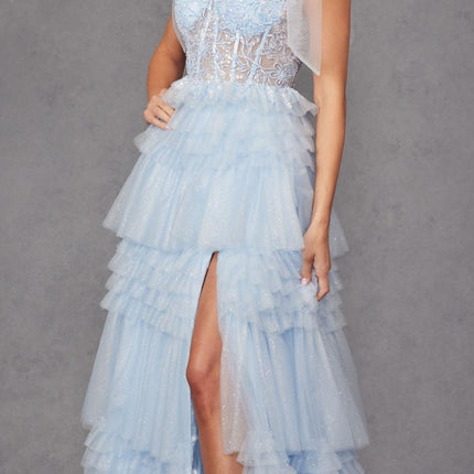 Juliet JT2465A Long Glitter Tulle A-Line Leg Slit Ribbon Bow Strap Gown