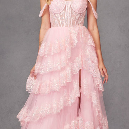 Juliet JT2467K Long Off the Shoulder Draped Sleeve A-Line Gown