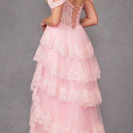 Juliet JT2467K Long Off the Shoulder Draped Sleeve A-Line Gown