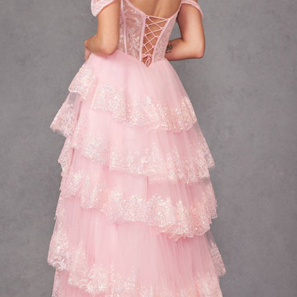 Juliet JT2467K Long Off the Shoulder Draped Sleeve A-Line Gown