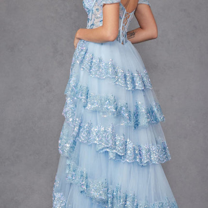 Juliet JT2467K Long Off the Shoulder Draped Sleeve A-Line Gown