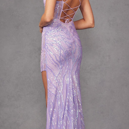 Juliet JT2473R Long Fitted Sequin Lace Applique Boned Corset Gown