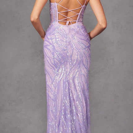 Juliet JT2473R Long Fitted Sequin Lace Applique Boned Corset Gown