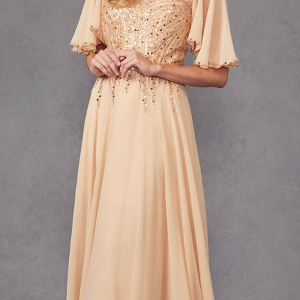Juliet JTM14F Long A-Line Flutter Mid-Length Sleeve Evening Gown