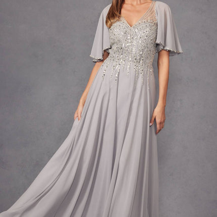 Juliet JTM14F Long A-Line Flutter Mid-Length Sleeve Evening Gown