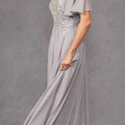 Juliet JTM14F Long A-Line Flutter Mid-Length Sleeve Evening Gown