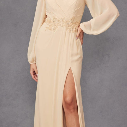 Juliet JTM16A Long Sleeve V-Neck Embroidered Applique Evening Gown