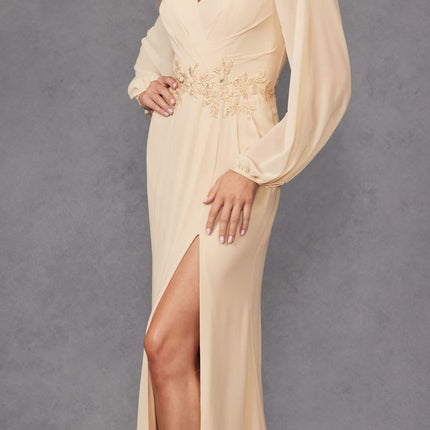 Juliet JTM16A Long Sleeve V-Neck Embroidered Applique Evening Gown