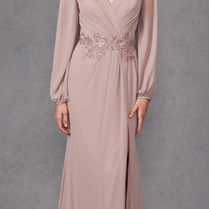 Juliet JTM16A Long Sleeve V-Neck Embroidered Applique Evening Gown