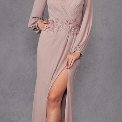 Juliet JTM16A Long Sleeve V-Neck Embroidered Applique Evening Gown