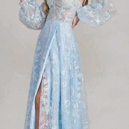 Nox Anabel K1155 Floor Length Butterfly Puff Sleeve Gown