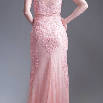 CLEARANCE - Cinderella Divine KC1736 Fitted Peach Long Lace Dress Cap Sleeved (Size 6)