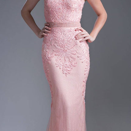 CLEARANCE - Cinderella Divine KC1736 Fitted Peach Long Lace Dress Cap Sleeved (Size 6)