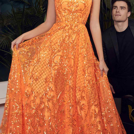 Ladivine KV1076 Floor Length Neon Orange Ball Gown with Feathers