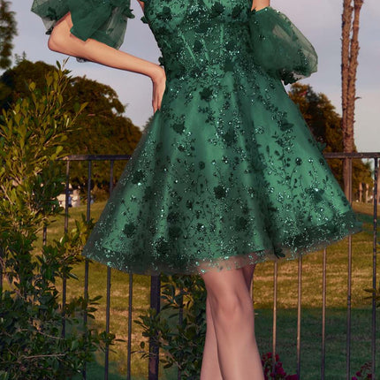 Ladivine KV1089 Short Floral Strapless A-Line Dress with Puff Sleeves