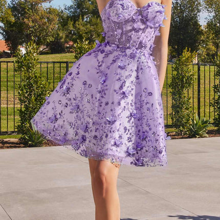 Ladivine KV1089 Short Floral Strapless A-Line Dress with Puff Sleeves