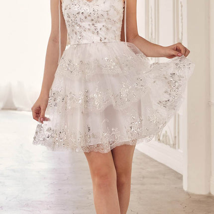 Ladivine KV1090 Glitter Printed A-Line Ruffle Short Dress