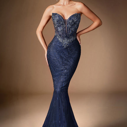 Ladivine KV1129 Strapless Sweetheart Neck Crystal Linear Beading Gown