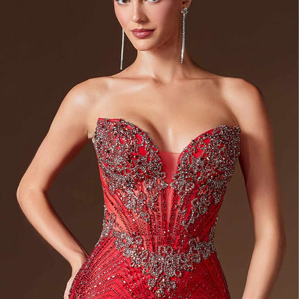 Ladivine KV1129 Strapless Sweetheart Neck Crystal Linear Beading Gown