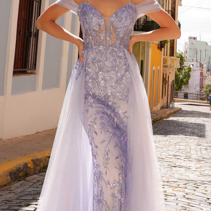 Nox Anabel L1362 Long Cold Shoulder Applique Tulle Overskirt Gown