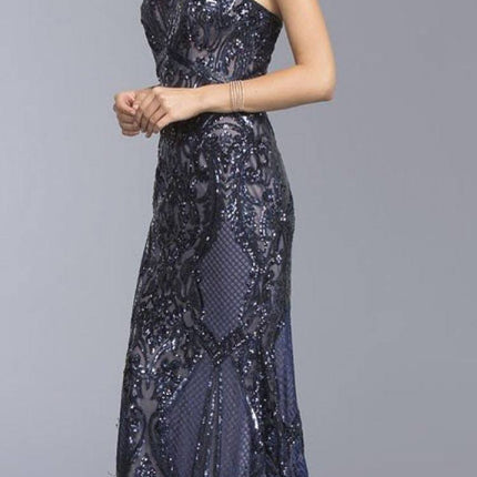 CLEARANCE - Aspeed L1982 Long Sequins Navy Blue Evening Gown V-Neck (Size XS)