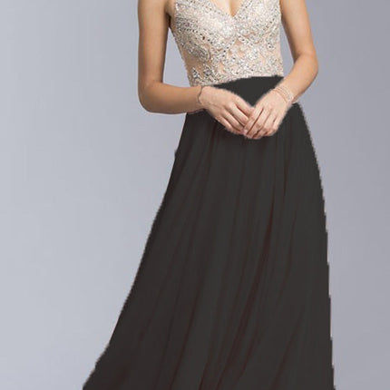 CLEARANCE - Aspeed USA 2055 Illusion Bodice Beaded Long Dress V-Neck (Size XXS)