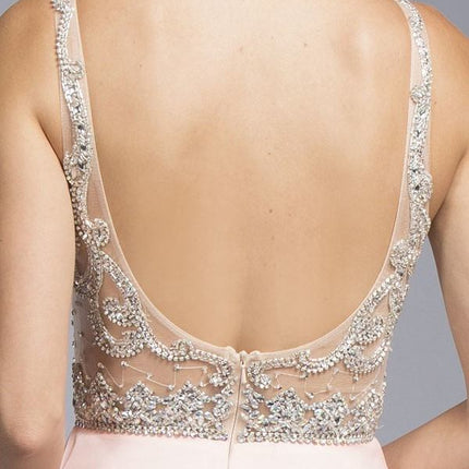 CLEARANCE - Aspeed USA 2055 Illusion Bodice Beaded Long Dress V-Neck (Size XXS)