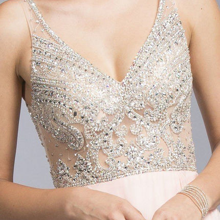 CLEARANCE - Aspeed USA 2055 Illusion Bodice Beaded Long Dress V-Neck (Size XXS)