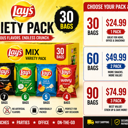 Lay’s Potato Chips Variety Pack (30 Bags) – Classic, BBQ, Sour Cream & More Snack Mix