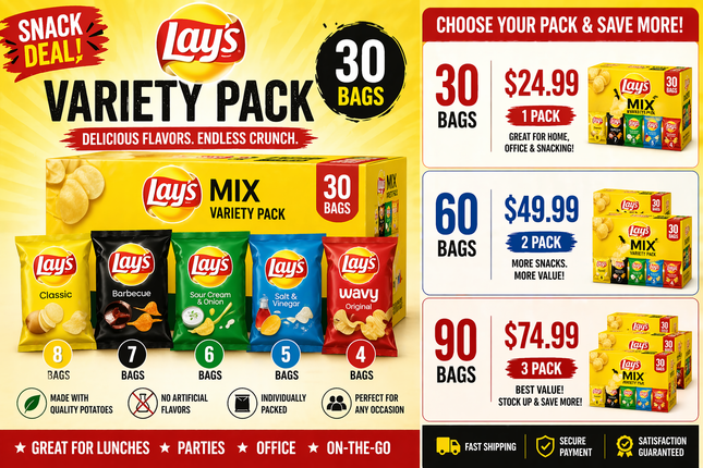Lay’s Potato Chips Variety Pack (30 Bags) – Classic, BBQ, Sour Cream & More Snack Mix