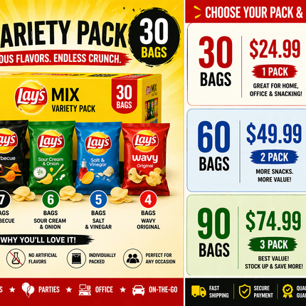 Lay’s Potato Chips Variety Pack (30 Bags) – Classic, BBQ, Sour Cream & More Snack Mix