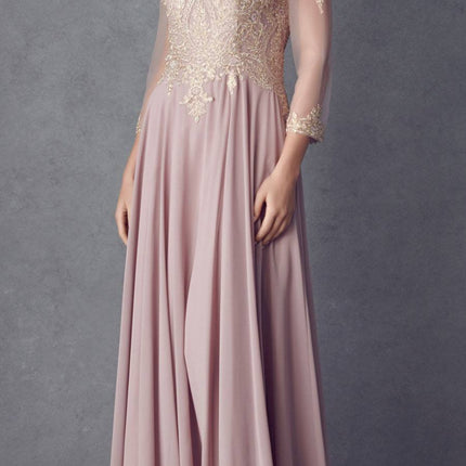 Juliet M12 Quarter Sleeved Embroidered Long A-Line Chiffon Dress
