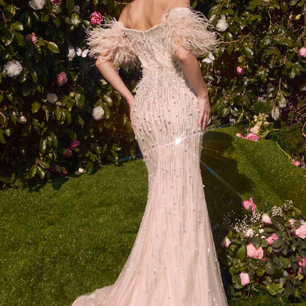Andrea & Leo MA102 Strapless Pearl Gown With Removable Feather Sleeves