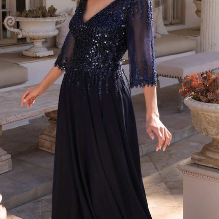 Nox Anabel MF100 Long Sequin Bodice 3/4 Sleeve A-line Gown