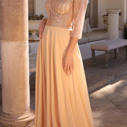Nox Anabel MF101 Long V-Neck Embellished Bodice 3/4 Sleeve A-line Gown