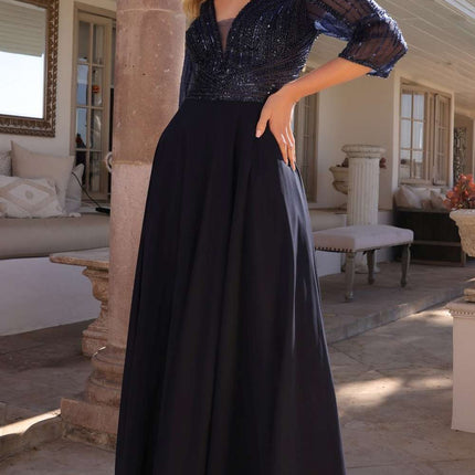 Nox Anabel MF101 Long V-Neck Embellished Bodice 3/4 Sleeve A-line Gown