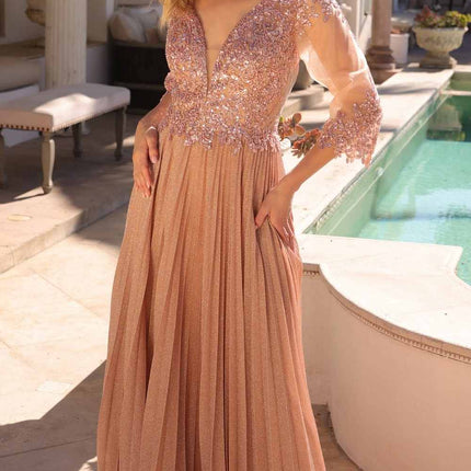 Nox Anabel MF102 Long Applique 3/4 Sleeve Pleated A-line Glitter Gown