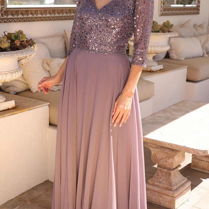 Nox Anabel MF103 Long Sequin Bodice 3/4 Sleeve A-line Gown