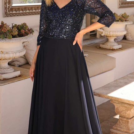 Nox Anabel MF103 Long Sequin Bodice 3/4 Sleeve A-line Gown