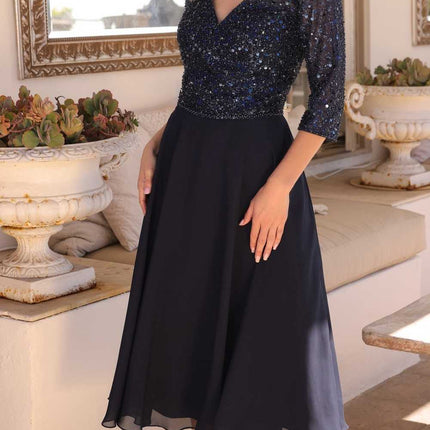 Nox Anabel MF104 Tea Length Sequin Bodice Short 3/4 Sleeve Dress